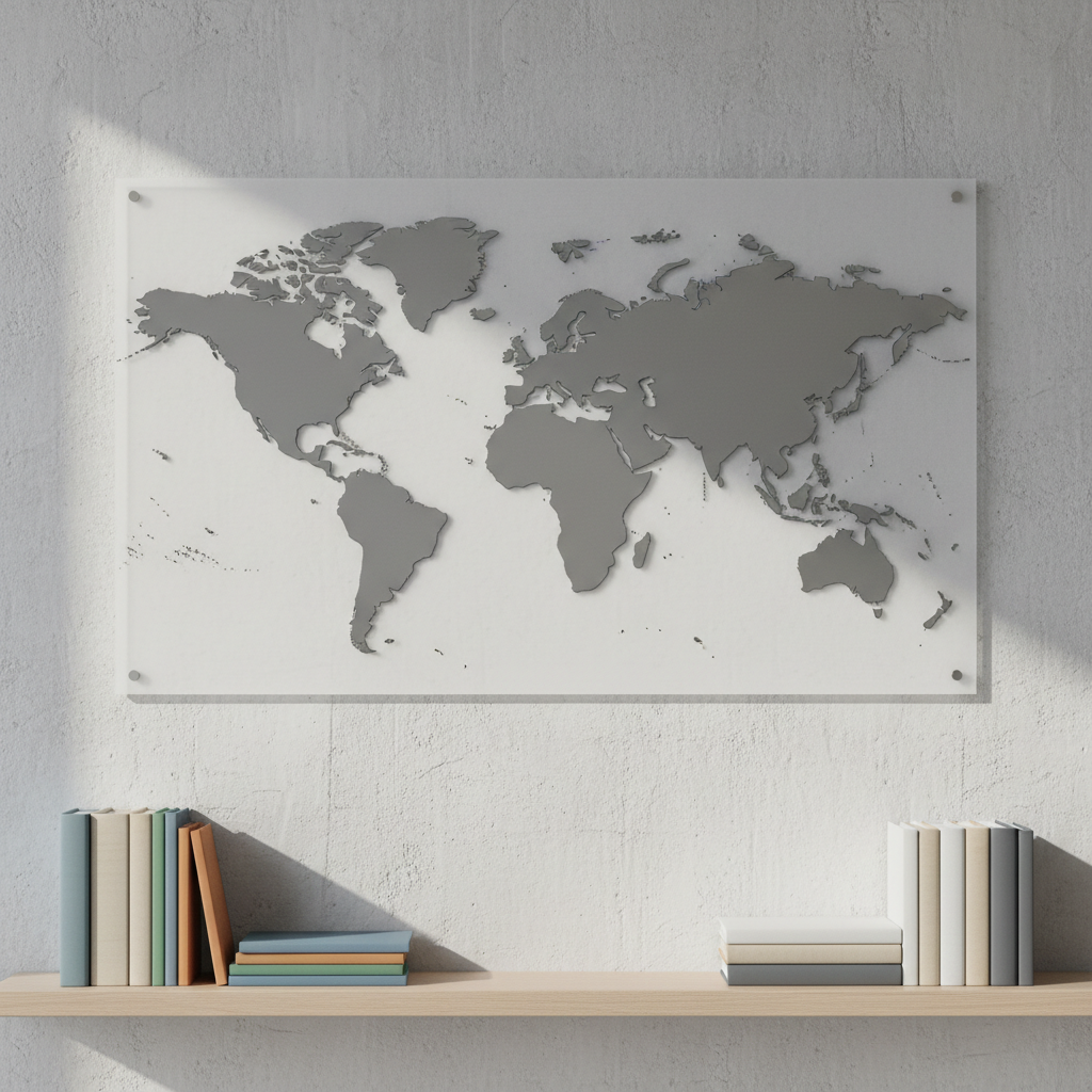 A minimalist, modern world map crafted from frosted acrylic, its continents outlined in precision-cut steel inlays, mounted on a light grey textured concrete wall. Below the map, a sleek shelf with color-coded files and neutral-toned hardcover books organizes the scene. Bright, natural daylight pours in from above, creating defined yet soft-edged shadows and mild reflections on the acrylic surface. The image conveys an organized, analytical atmosphere, epitomizing professional clarity. Photographed at eye level with a centered, symmetrical composition, the image maintains a balanced, corporate aesthetic in photographic style.