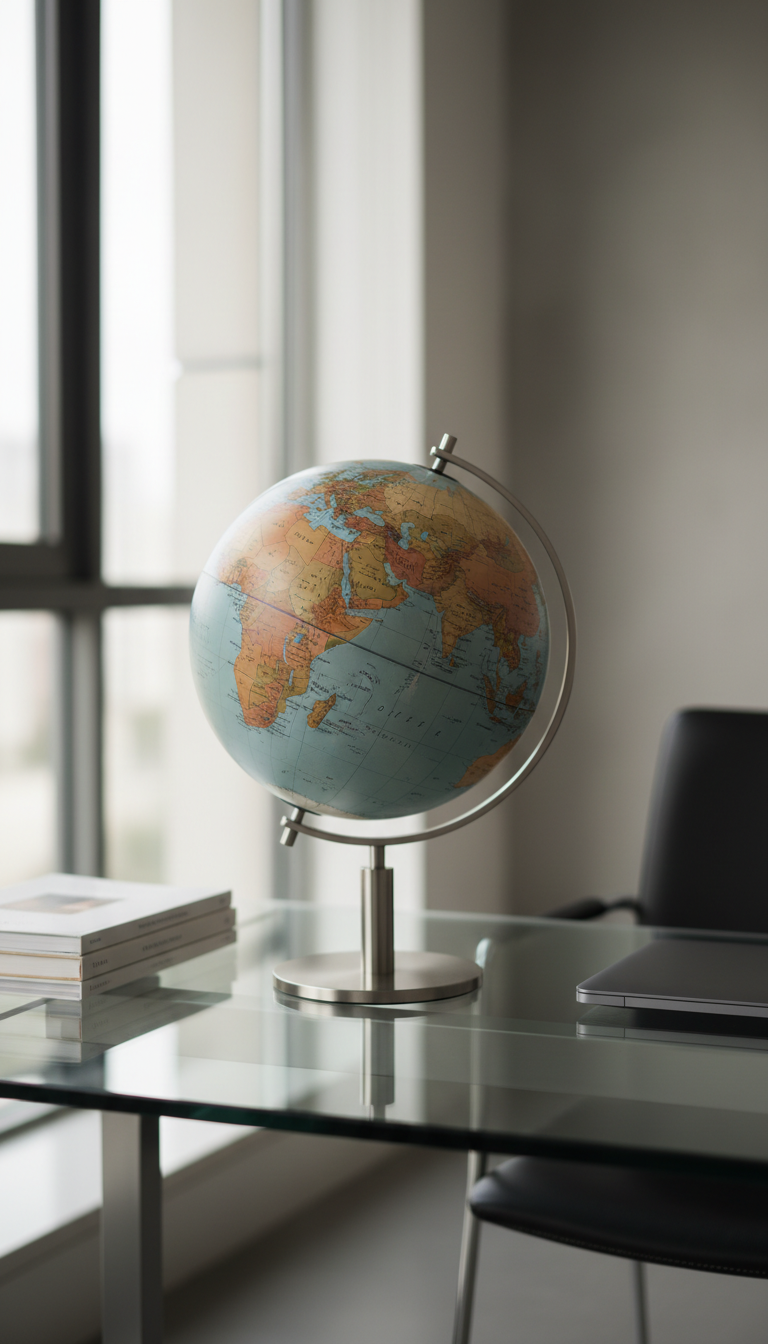 An elegant, high-resolution globe with finely detailed, textured landmasses in muted earth tones and oceans in calm slate blue, set atop a modern brushed steel stand. The globe sits on a clean, uncluttered glass desk featuring a few neatly stacked academic journals and a matte-finished laptop. Soft, diffused daylight enters from a large nearby window, casting gentle shadows and subtle highlights that emphasize the globe’s contours. The mood is professional and contemplative, evoking a sense of global connectivity and insight. Captured at a slightly elevated angle with sharp focus throughout, the composition adheres to a clean, structured, photographic realism suited for a polished corporate blog.